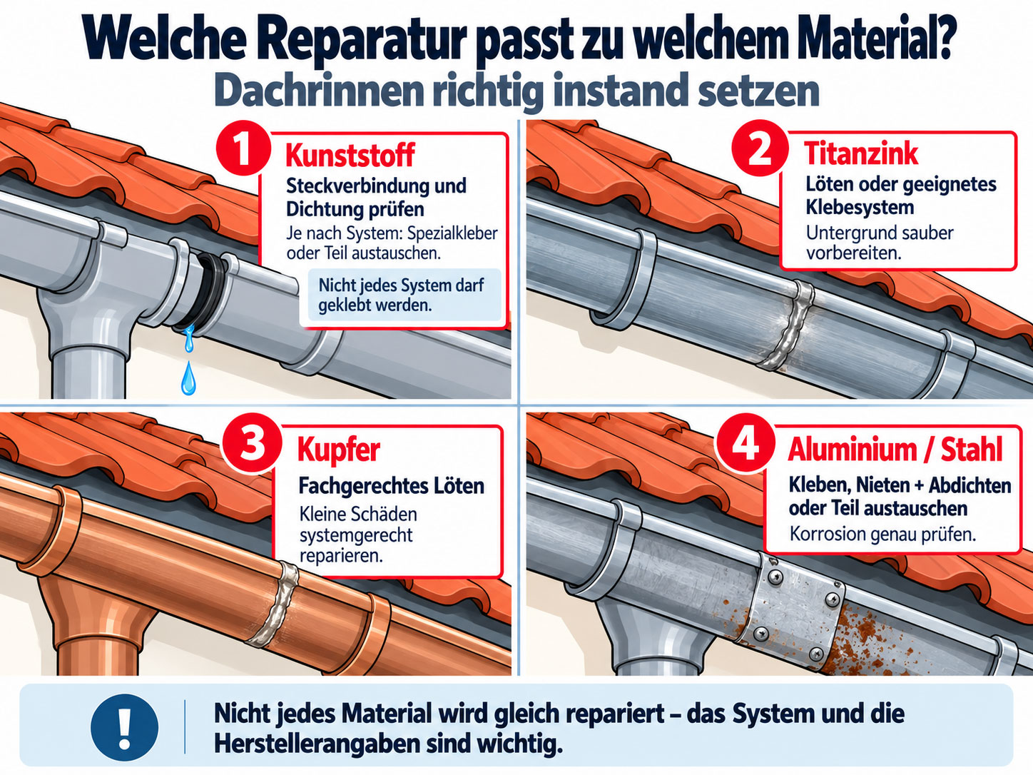 Infografik zu Reparaturmethoden für Dachrinnen aus Kunststoff, Titanzink, Kupfer sowie Aluminium und Stahl.