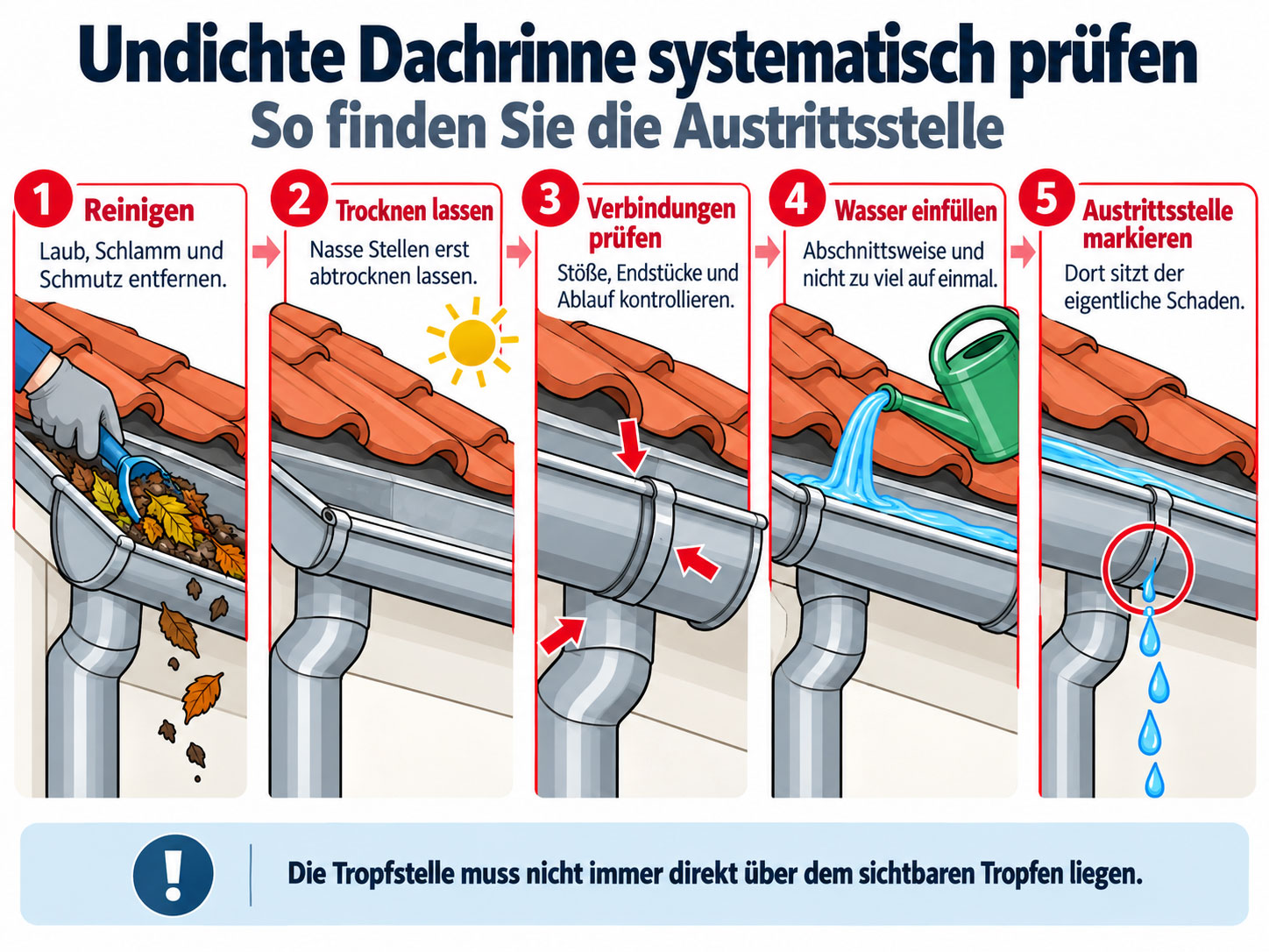 Fünf Schritte zum Finden einer undichten Stelle in der Dachrinne: reinigen, trocknen, Verbindungen prüfen, Wasser einfüllen und Leck markieren.