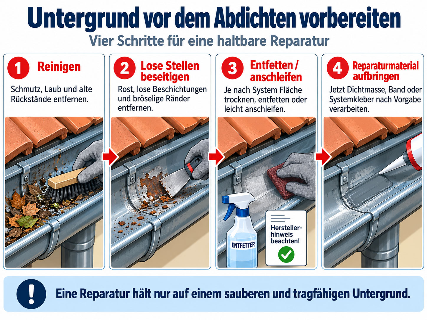 Vier Schritte zur Vorbereitung einer Dachrinnenreparatur: reinigen, lose Stellen entfernen, entfetten oder anschleifen und Reparaturmaterial auftragen.