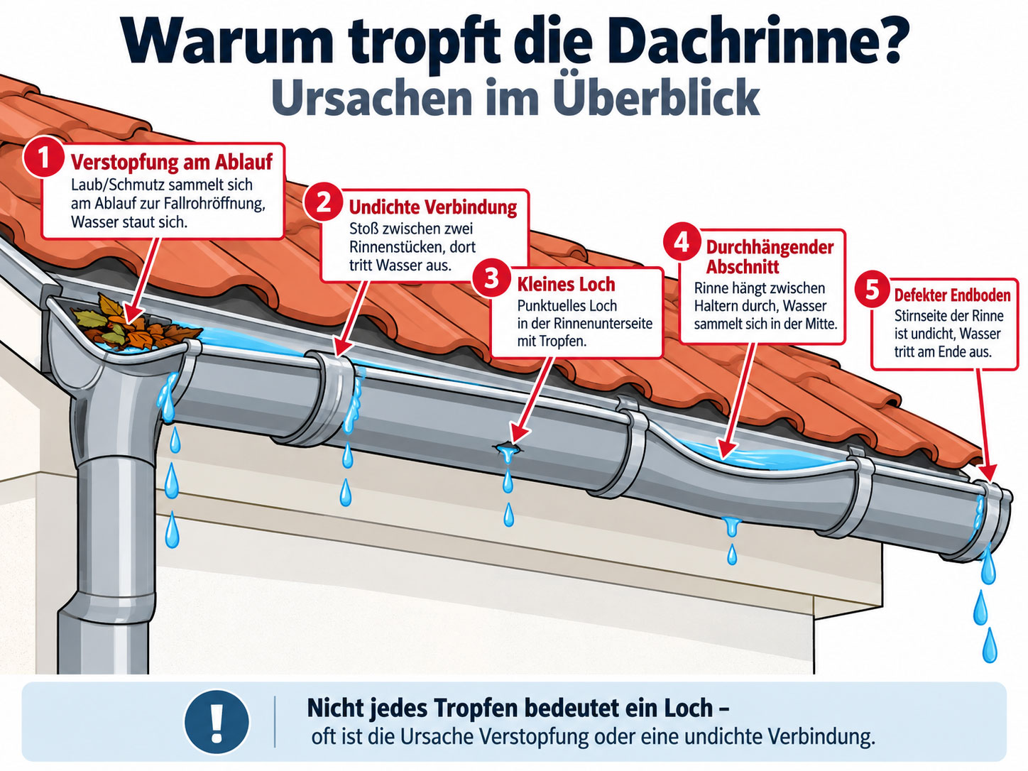 Infografik mit fünf typischen Ursachen für eine tropfende Dachrinne: Verstopfung am Ablauf, undichte Verbindung, kleines Loch, durchhängende Rinne und defekter Endboden.