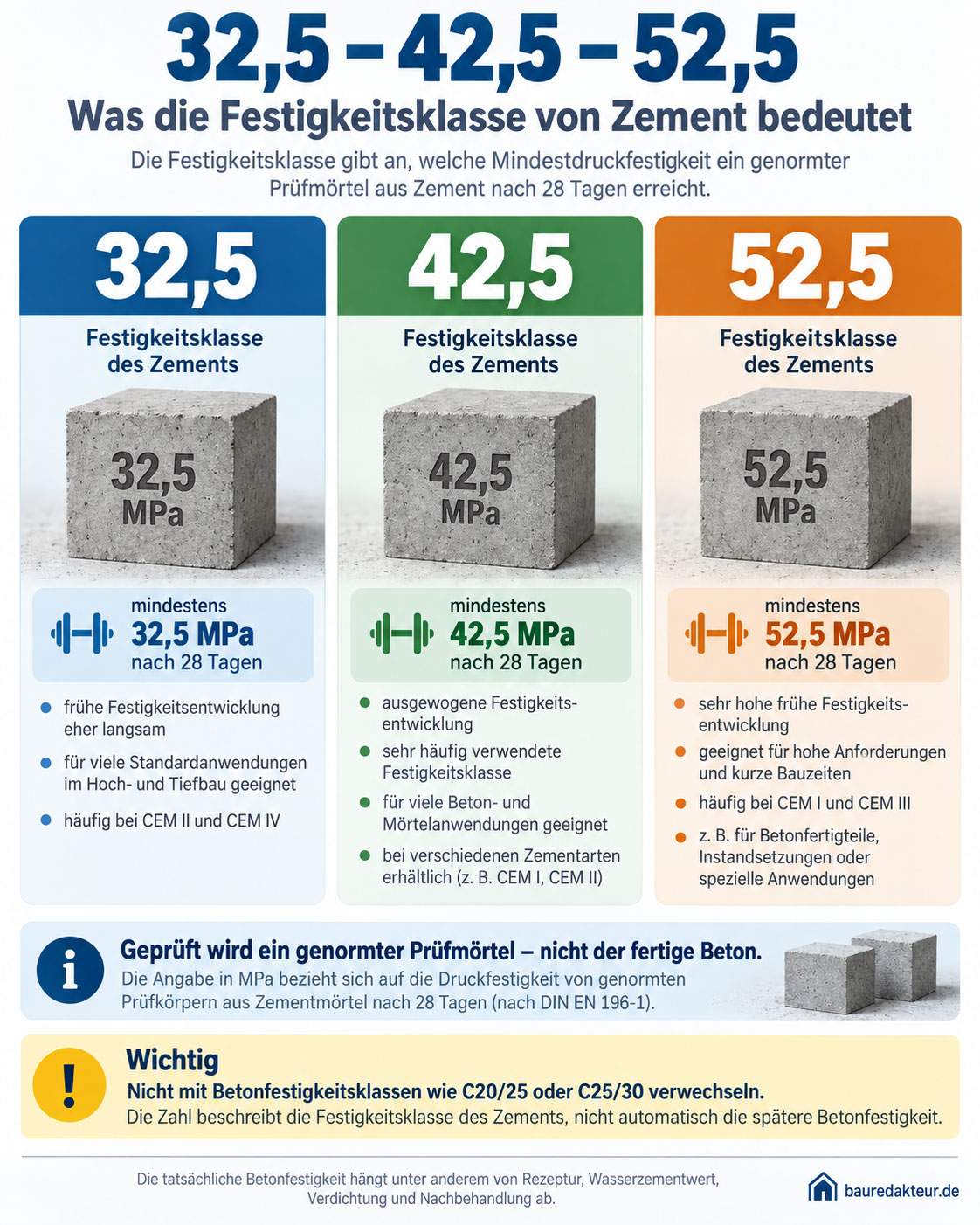 Infografik zu den Zementfestigkeitsklassen 32,5, 42,5 und 52,5 mit Mindestdruckfestigkeit nach 28 Tagen und Hinweis auf den Unterschied zu Betonfestigkeitsklassen.
