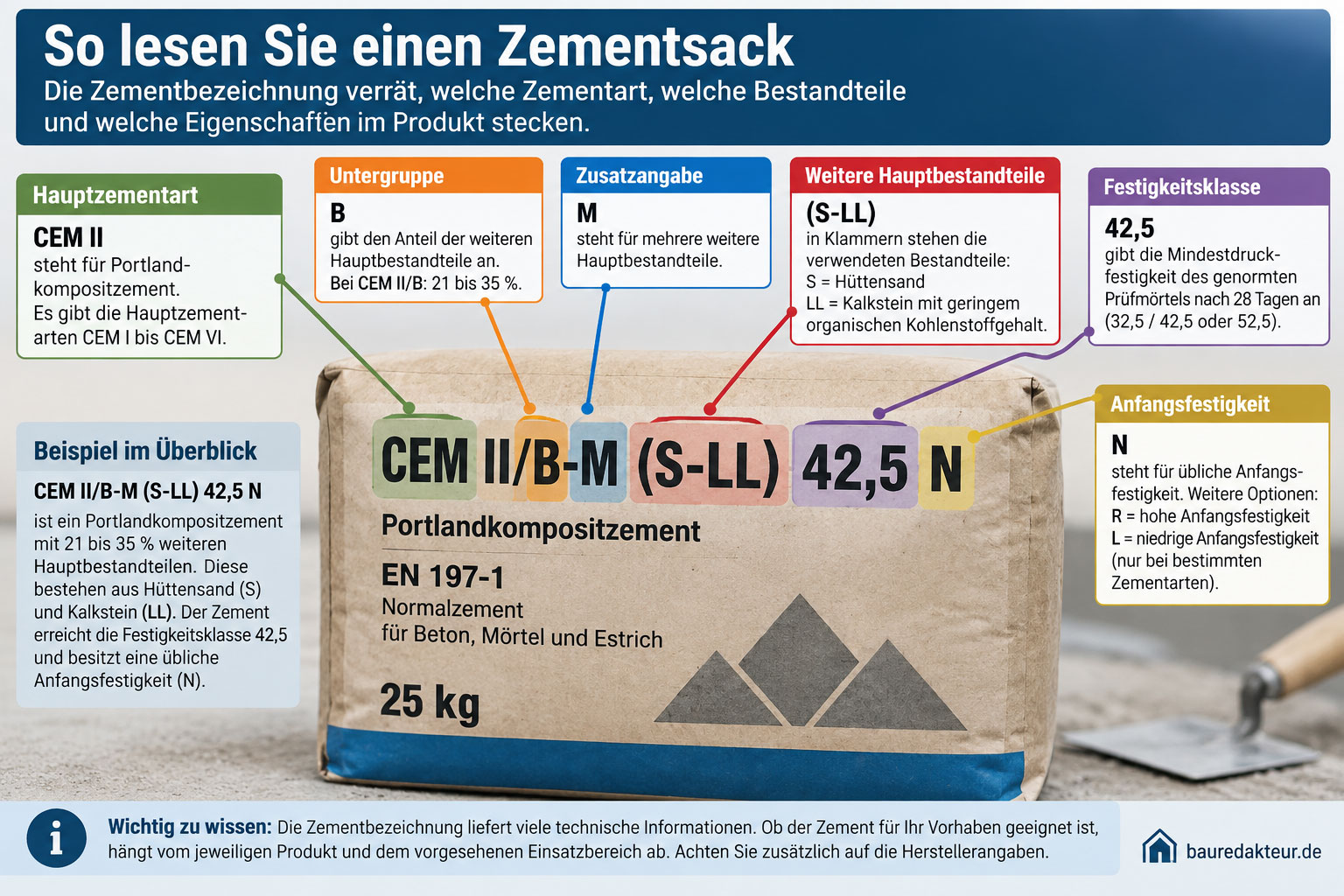 Infografik zur Zementbezeichnung CEM II/B-M (S-LL) 42,5 N mit Erkl&auml;rungen zu Zementart, Hauptbestandteilen, Festigkeitsklasse und Anfangsfestigkeit.