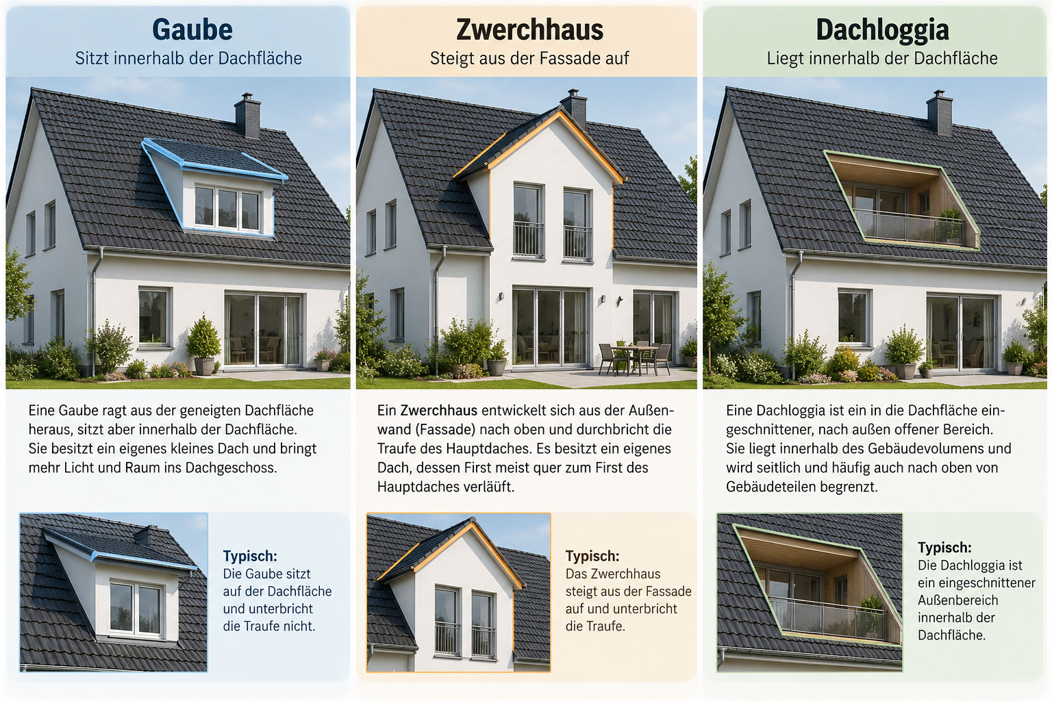 Vergleich von Gaube, Zwerchhaus und Dachloggia an drei Häusern mit Darstellung ihrer unterschiedlichen Lage in Dachfläche und Fassade.