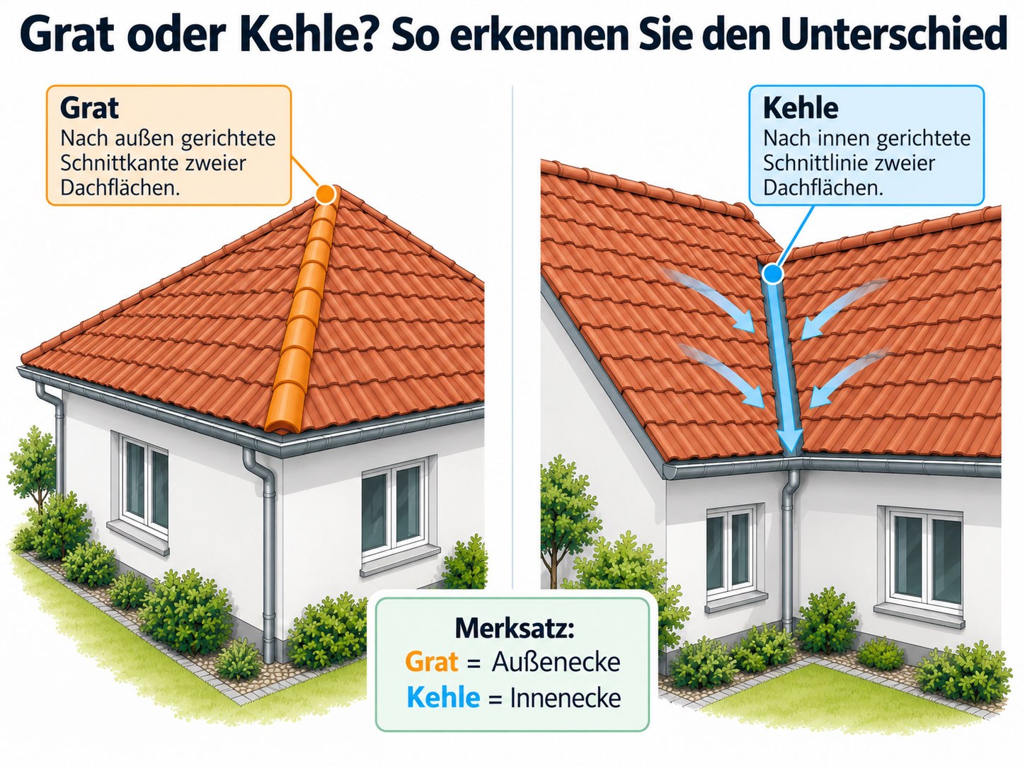 Vergleich von Dachgrat und Dachkehle: Grat als Außenecke zweier Dachflächen und Kehle als Innenecke mit eingezeichnetem Wasserlauf.