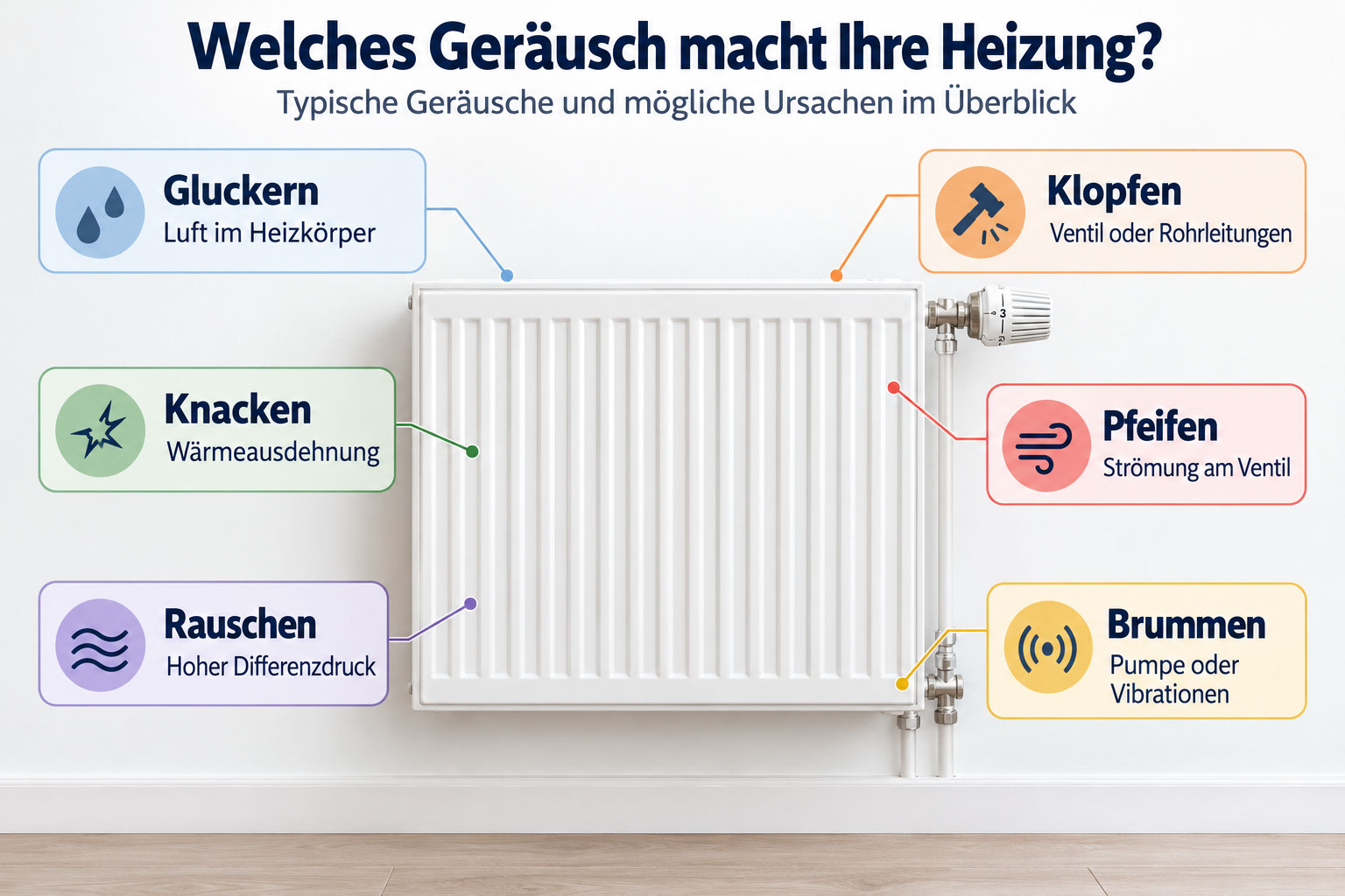 Infografik mit Heizkörper und sechs typischen Heizungsgeräuschen: Gluckern durch Luft, Klopfen durch Ventile, Knacken durch Wärmeausdehnung, Pfeifen und Rauschen durch Wasserströmung sowie Brummen durch Pumpen oder Vibrationen.