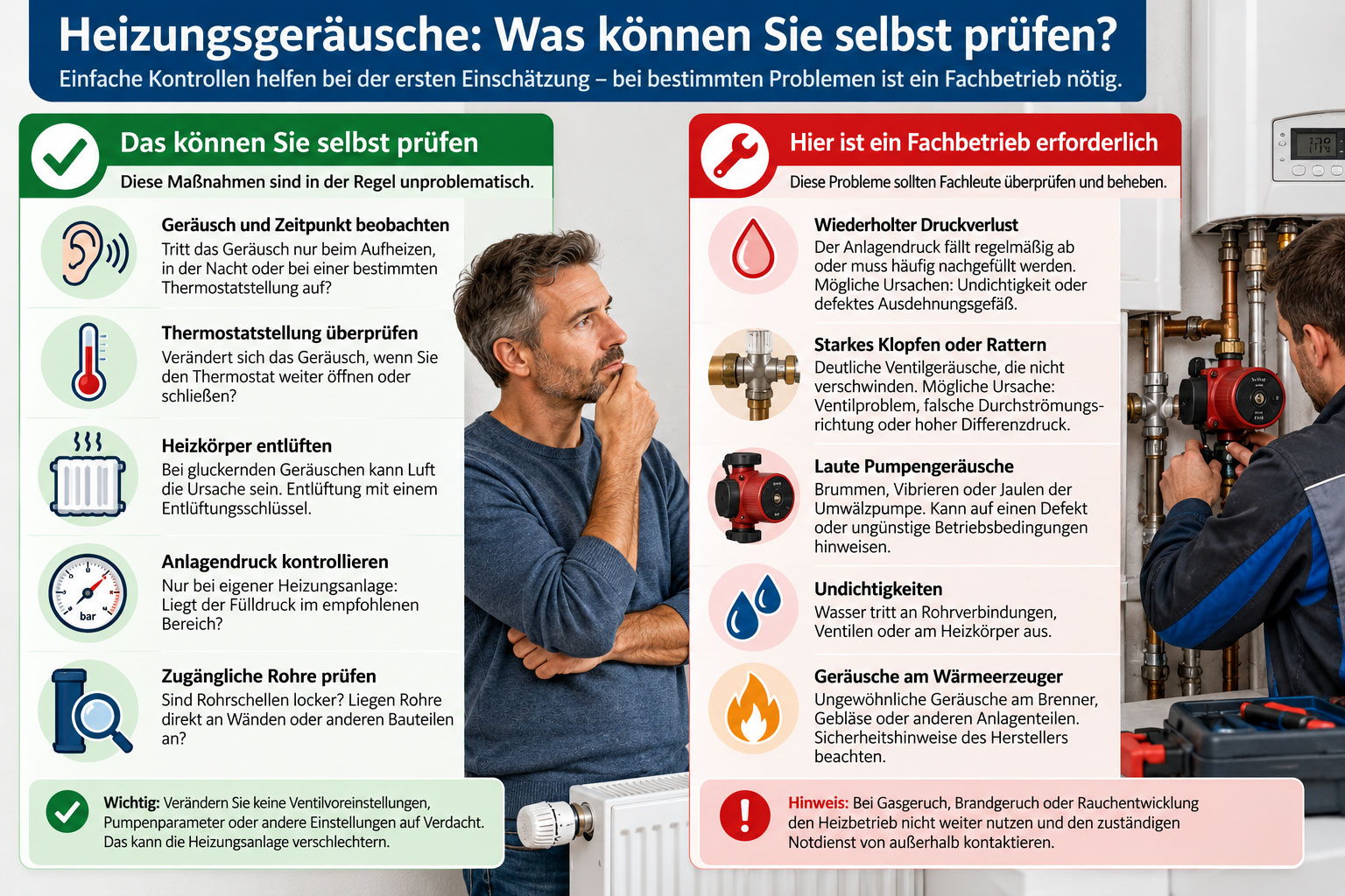 Infografik mit zwei Bereichen: Links einfache Prüfungen bei Heizungsgeräuschen wie Thermostat kontrollieren und Heizkörper entlüften, rechts Probleme für den Fachbetrieb wie Druckverlust, Klopfen, Pumpengeräusche und Undichtigkeiten.