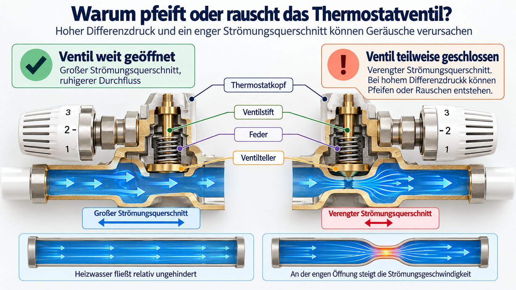 Zwei schematische Querschnitte eines Thermostatventils im Vergleich: Links strömt Heizwasser durch ein weit geöffnetes Ventil, rechts durch eine verengte Ventilöffnung mit erhöhter Strömungsgeschwindigkeit.