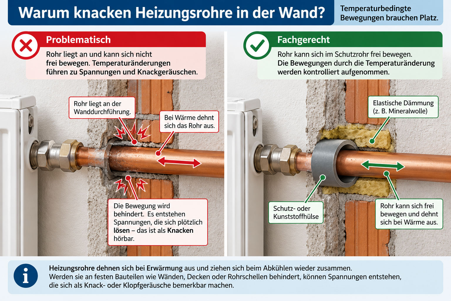 Vergleich zweier Wanddurchführungen: Links liegt ein Kupferrohr direkt am Mauerwerk an, rechts verläuft es mit Bewegungsspielraum durch eine geschützte und gedämmte Durchführung.