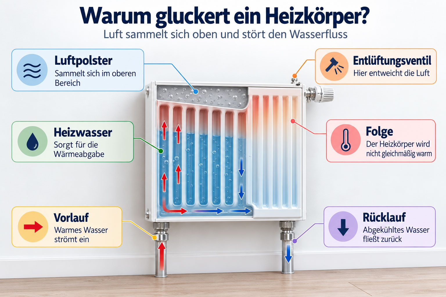 Schnittgrafik eines Heizkörpers mit Luftansammlung im oberen Bereich, wasserführenden Kanälen, Vorlauf, Rücklauf und Entlüftungsventil.