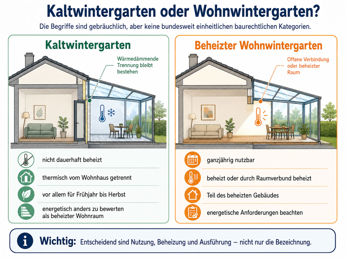 Vergleich von Kaltwintergarten und beheiztem Wohnwintergarten mit Unterschieden bei Beheizung, thermischer Trennung, Nutzung und energetischen Anforderungen.