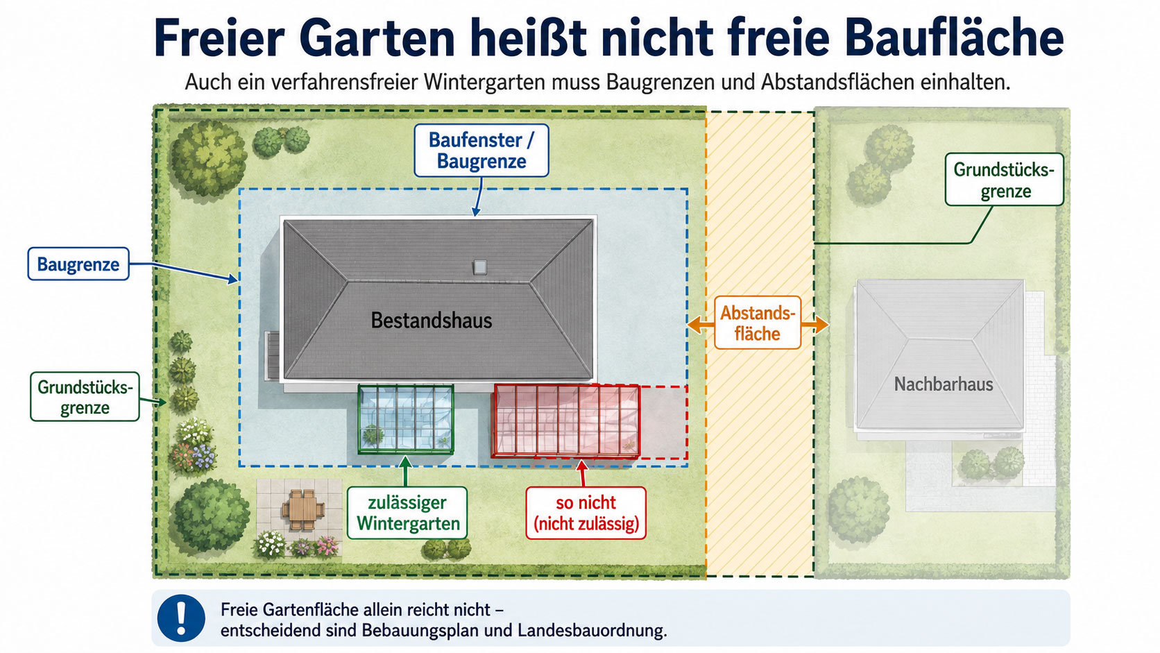 Grundst&uuml;cksskizze mit Bestandshaus, Baugrenze, Abstandsfl&auml;che und zul&auml;ssigem sowie unzul&auml;ssigem Standort f&uuml;r einen Wintergarten.
