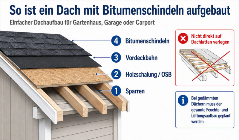 Aufbau eines einfachen Dachs mit Bitumenschindeln: Auf den Sparren liegt eine vollflächige Holzschalung oder geeignete OSB-Platte, darauf folgen Vordeckbahn und Bitumenschindeln. Direkt auf Dachlatten dürfen die Schindeln nicht verlegt werden.