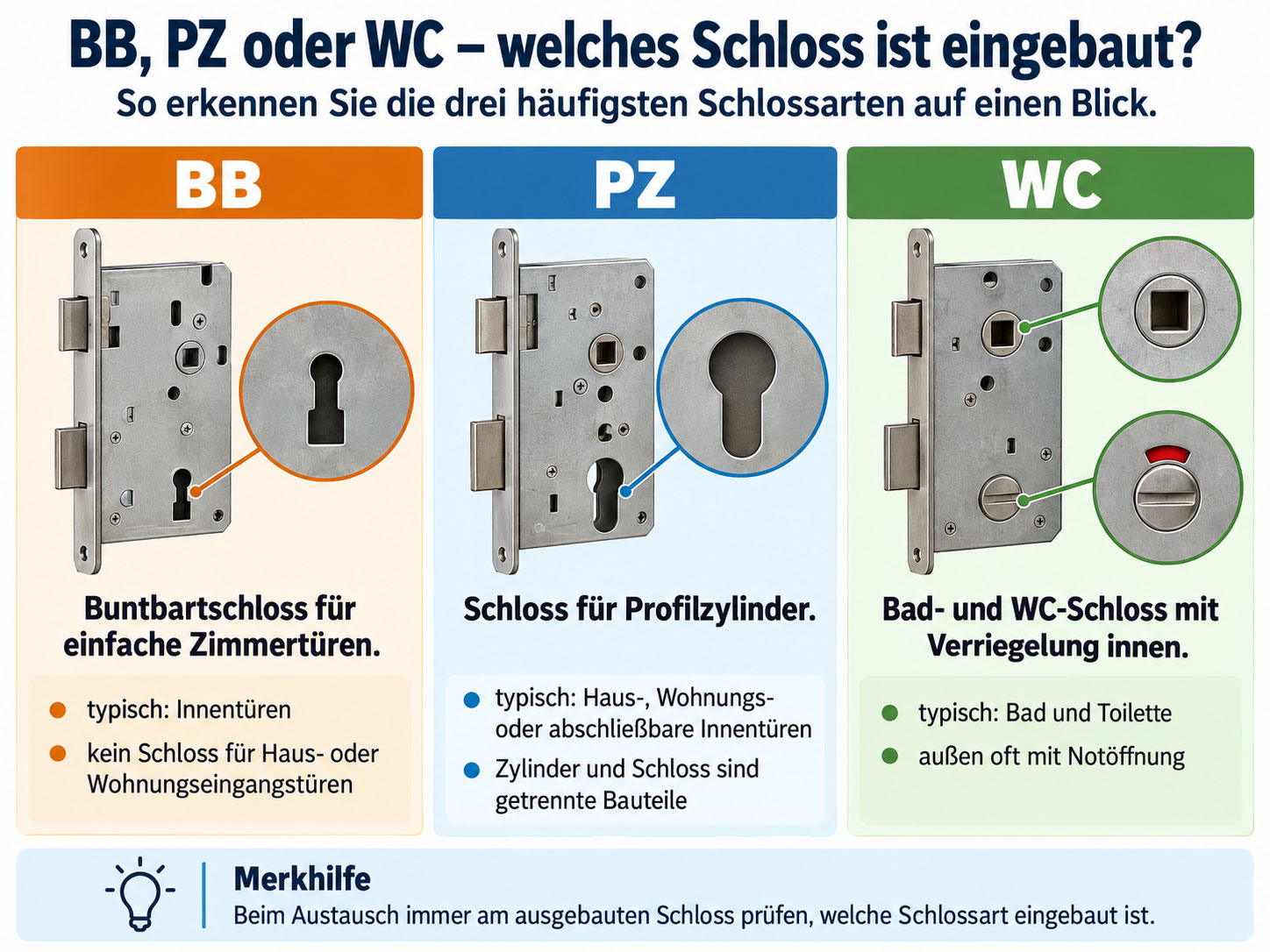 Vergleich von BB-, PZ- und WC-Einsteckschlössern mit typischen Schlüsselloch- und Verriegelungsformen.