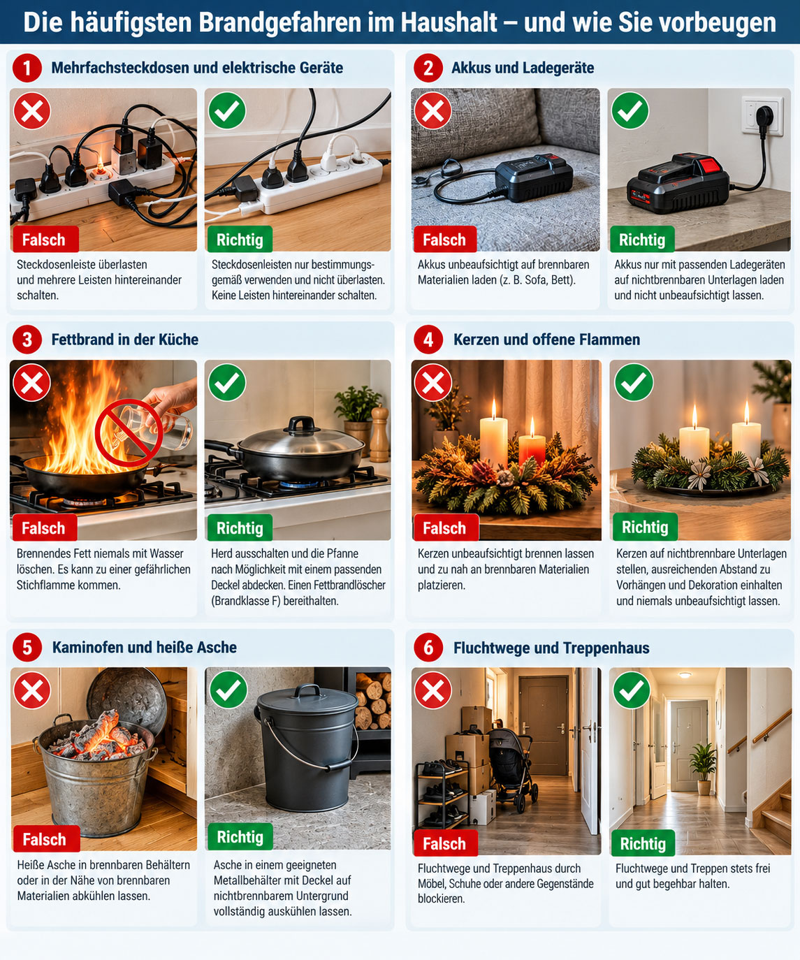 Infografik mit sechs Gegenüberstellungen von falschem und richtigem Verhalten: Steckdosenleisten nicht überlasten, Akkus sicher laden, Fettbrände niemals mit Wasser löschen, Kerzen beaufsichtigen, Asche in einem geeigneten Metallbehälter abkühlen lassen und Fluchtwege freihalten.