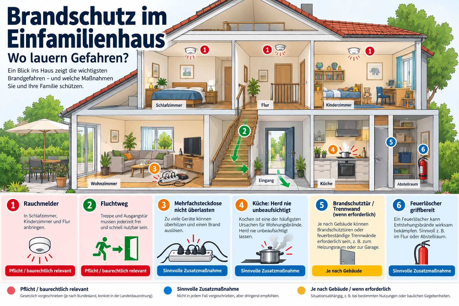 Schnittzeichnung eines zweigeschossigen Einfamilienhauses mit Rauchmeldern in Schlaf- und Kinderzimmern sowie im Flur, gekennzeichnetem Fluchtweg, überlasteter Mehrfachsteckdose, Brandgefahr am Herd, Brandschutztür und Feuerlöscher.