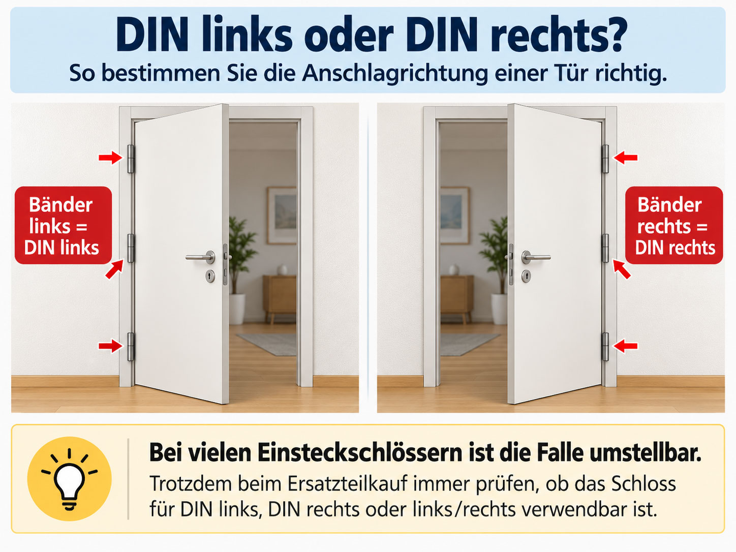 Zwei geöffnete Türen im Vergleich: links angeschlagene Tür mit Bändern links und rechts angeschlagene Tür mit Bändern rechts.