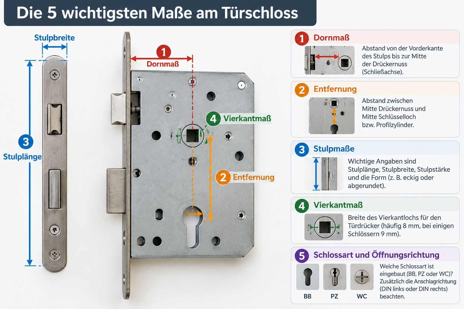 Einsteckschloss mit markiertem Dornmaß, Entfernung, Stulpmaßen, Vierkantmaß sowie Hinweisen zu BB-, PZ- und WC-Schlössern.
