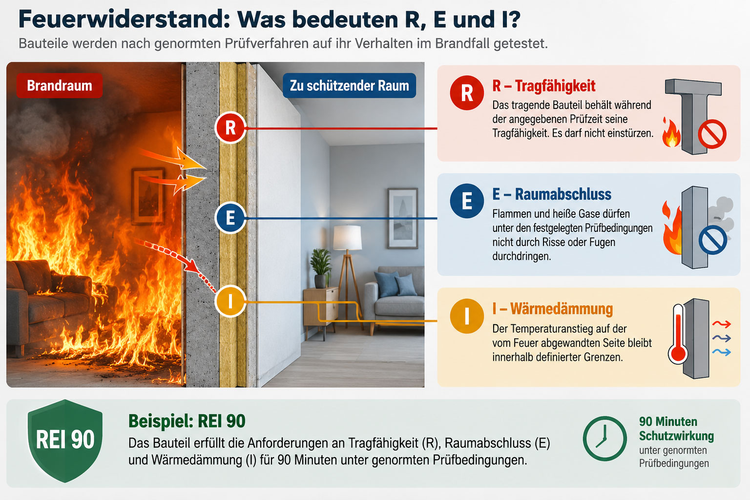 Infografik zum Feuerwiderstand einer Wand zwischen einem brennenden und einem geschützten Raum. Die Buchstaben R, E und I erklären Tragfähigkeit, Raumabschluss und Wärmedämmung. Beispiel ist die Klassifizierung REI 90.
