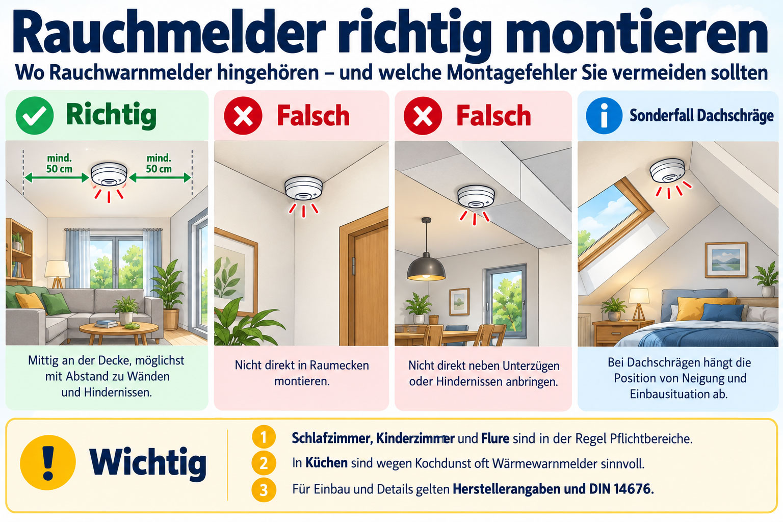 Infografik mit vier Beispielen zur Rauchmeldermontage: richtige Position an einer ebenen Zimmerdecke, falsche Montage in der Raumecke und neben einem Unterzug sowie Sonderfall Dachschräge.