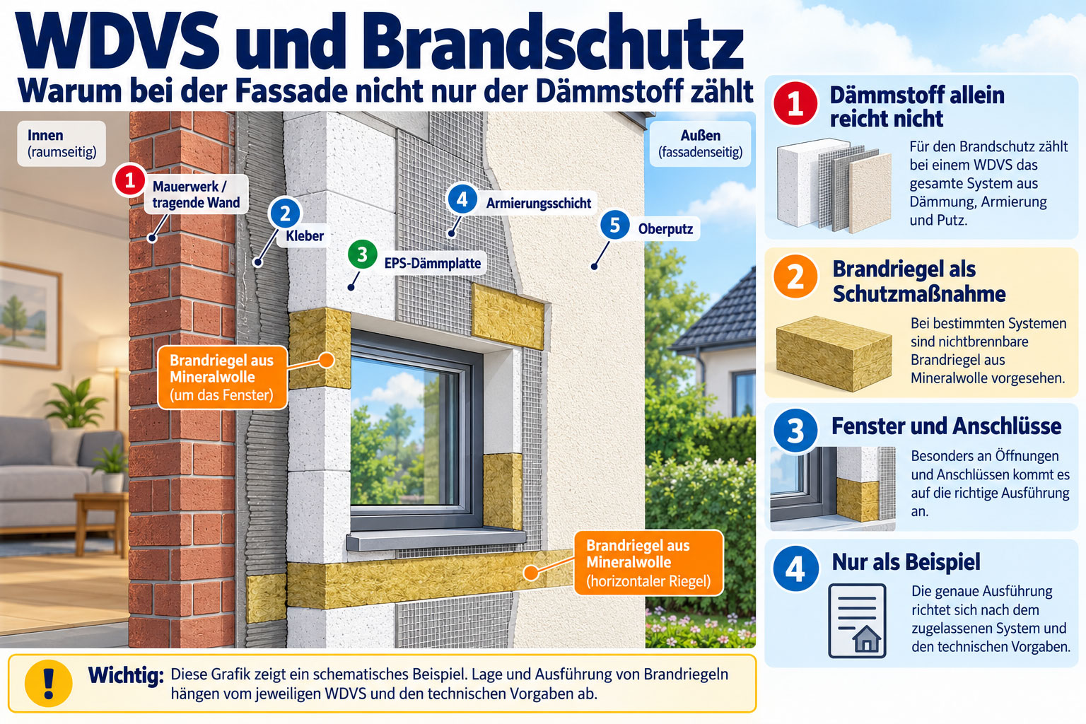 Schematischer Fassadenschnitt eines Wärmedämmverbundsystems mit Mauerwerk, Kleber, EPS-Dämmplatten, Armierungsschicht und Oberputz. Mineralwolle-Brandriegel sind beispielhaft an einer Fensteröffnung und als horizontaler Streifen dargestellt.