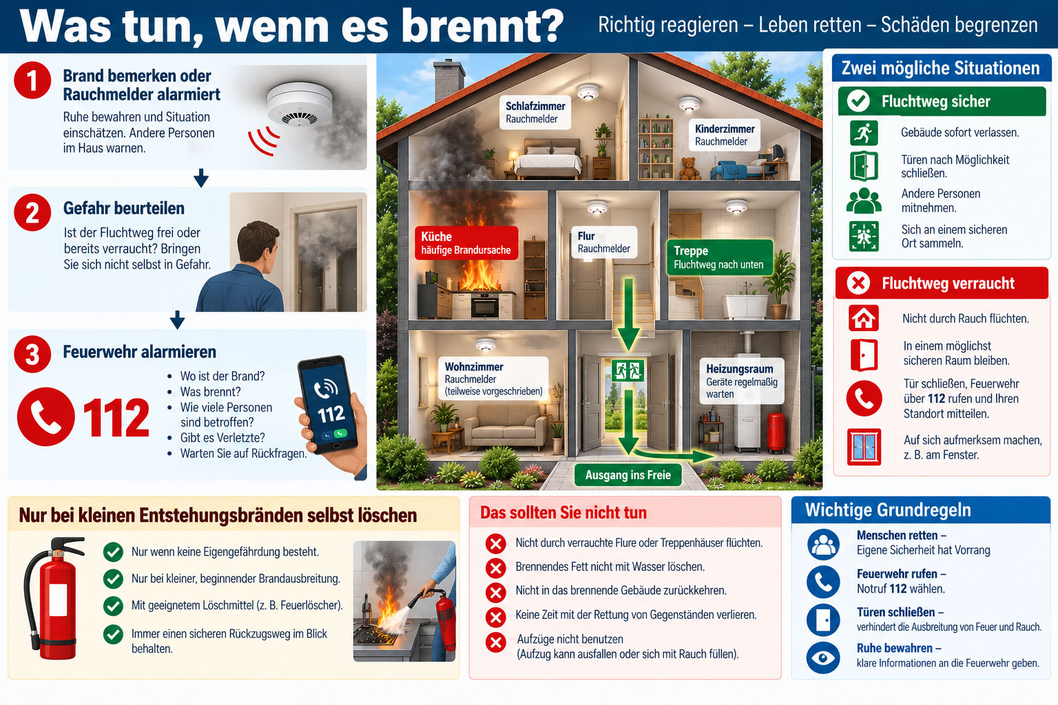 Infografik zum Verhalten bei einem Wohnungsbrand mit Hausquerschnitt und Ablaufdiagramm. Bei sicherem Fluchtweg das Gebäude verlassen, bei verrauchten Fluchtwegen in einem möglichst sicheren Raum bleiben, Türen schließen und die Feuerwehr über 112 alarmieren.