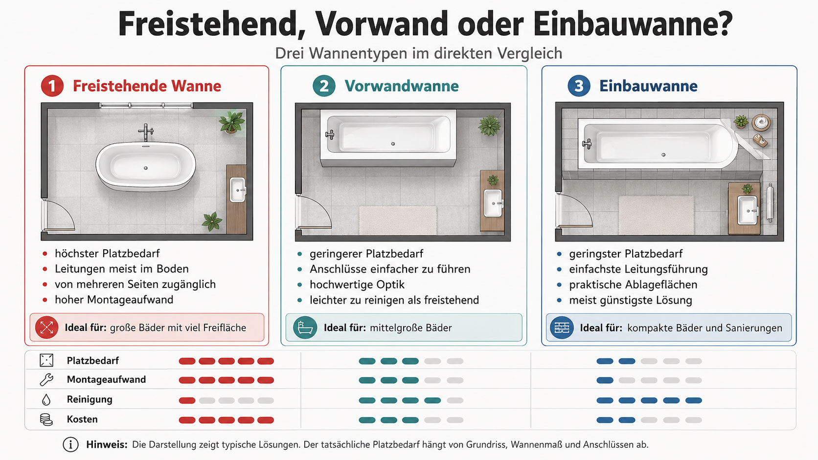 freistehende Badewanne, Vorwandwanne und Einbauwanne im Vergleich