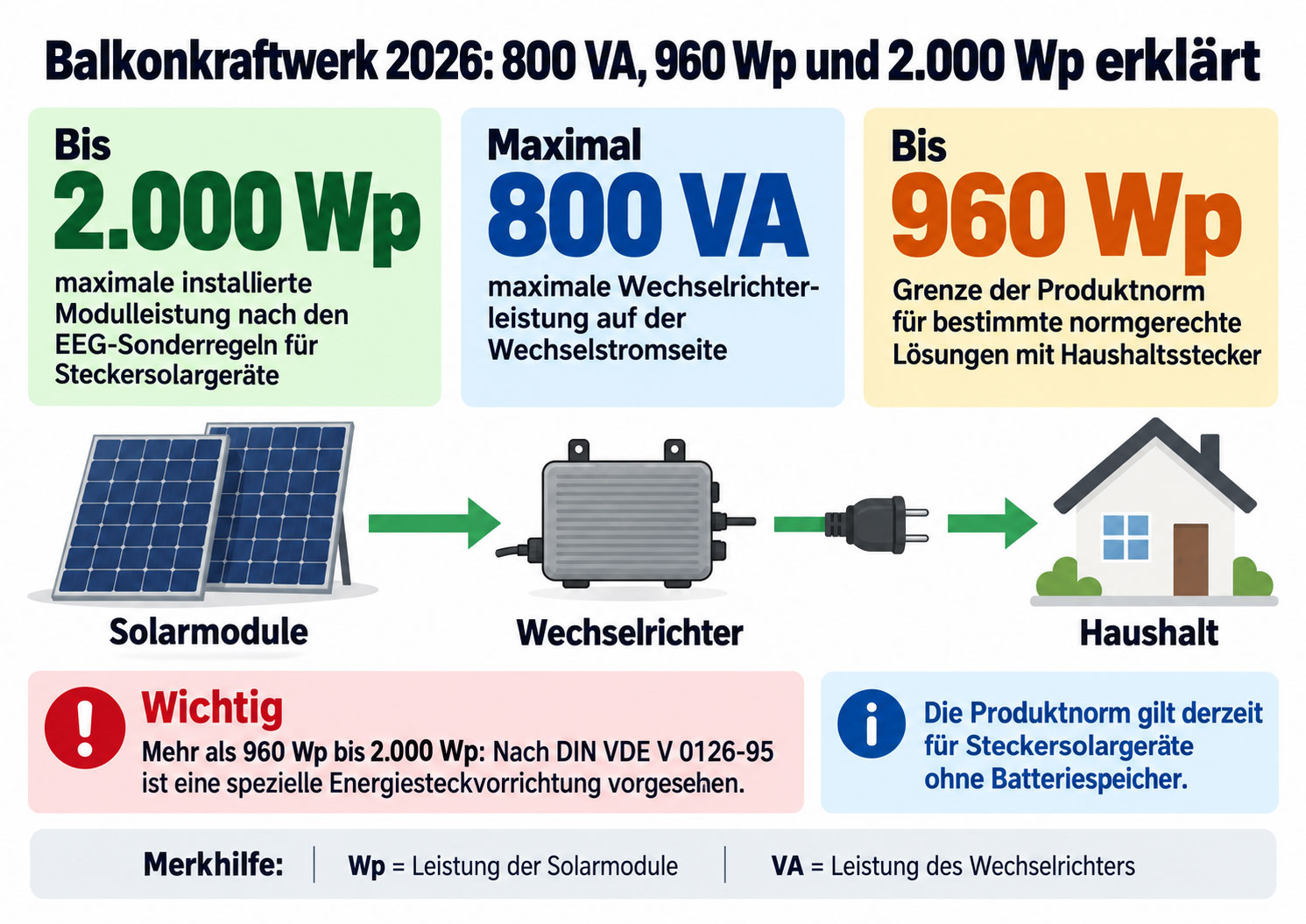 Infografik zu Balkonkraftwerken 2026 mit den Grenzwerten 2.000 Wp Modulleistung, 800 VA Wechselrichterleistung und 960 Wp für bestimmte normgerechte Lösungen mit Haushaltsstecker.