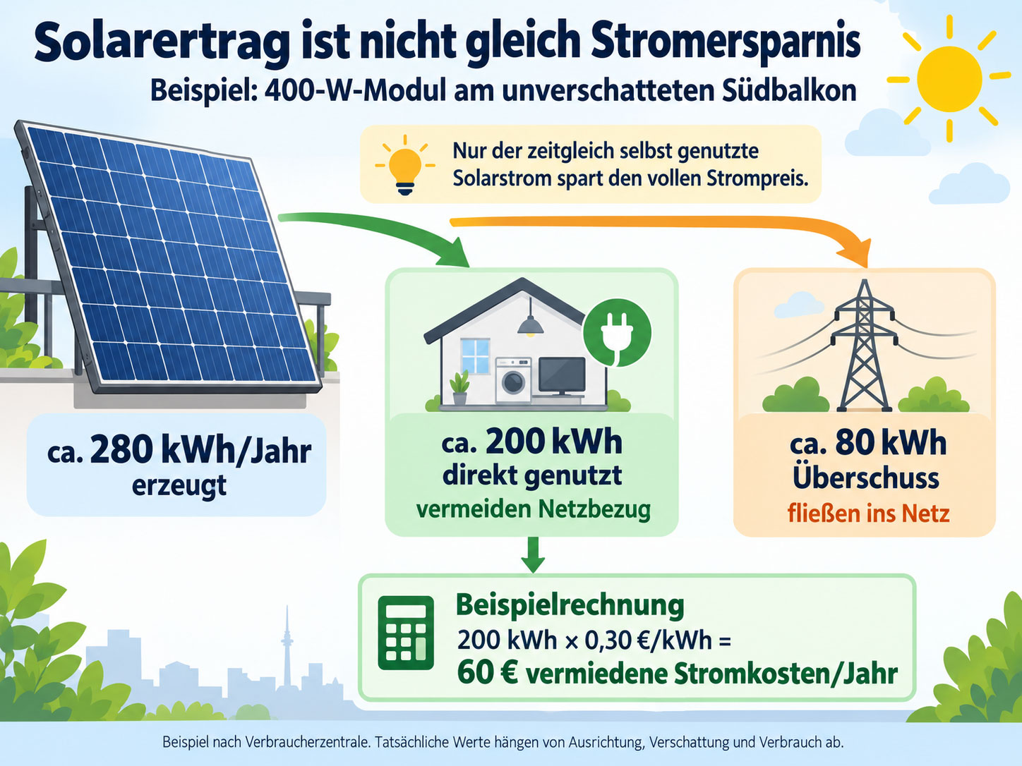 Infografik zum Unterschied zwischen Solarertrag und Stromersparnis bei einem 400-W-Balkonkraftwerk: 280 kWh Jahresertrag, 200 kWh Eigenverbrauch und 80 kWh Überschuss ins Netz.
