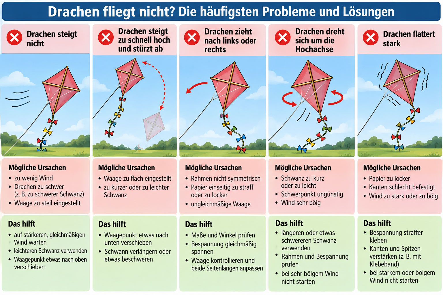 Infografik mit fünf typischen Problemen beim Drachenflug: Drachen steigt nicht, stürzt ab, zieht seitlich, dreht sich oder flattert stark – jeweils mit Ursachen und Lösungen.