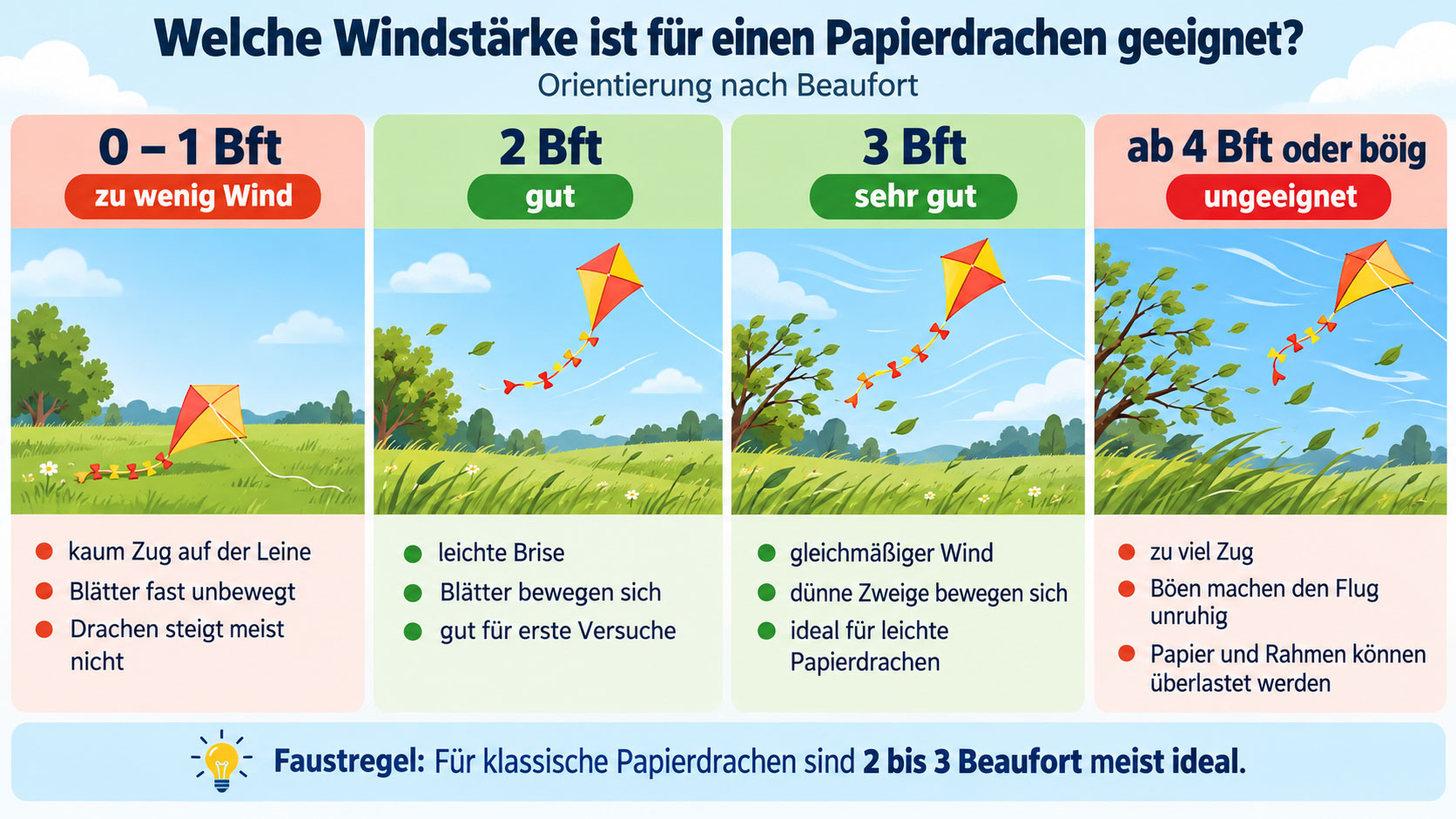 Infografik zur geeigneten Windstärke für Papierdrachen: 0 bis 1 Beaufort zu schwach, 2 bis 3 Beaufort gut geeignet, ab 4 Beaufort oder bei Böen ungeeignet.
