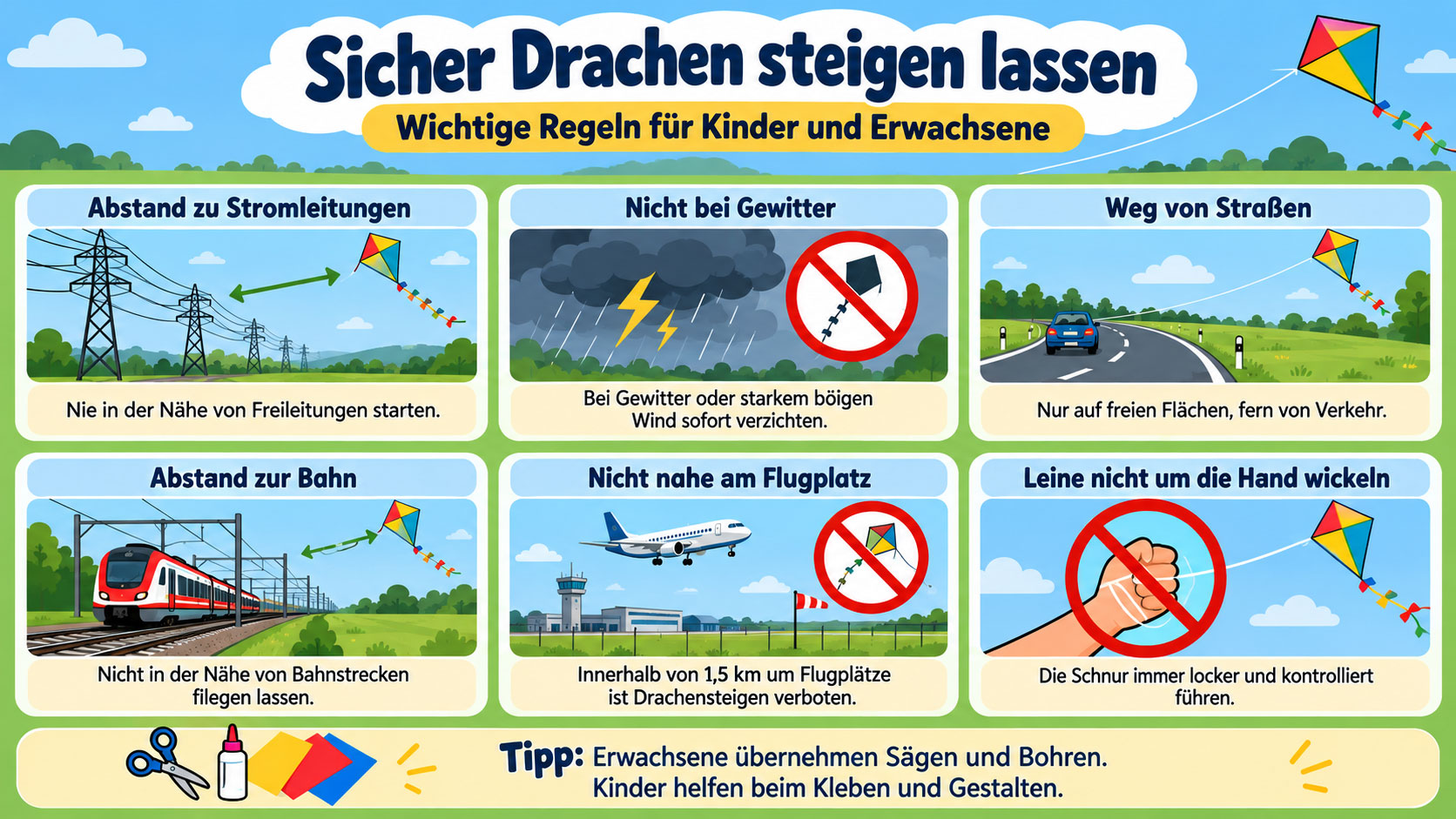 Infografik mit Sicherheitsregeln beim Drachensteigen: Abstand zu Stromleitungen, Straßen, Bahn und Flugplätzen, nicht bei Gewitter starten und Leine nicht um die Hand wickeln.