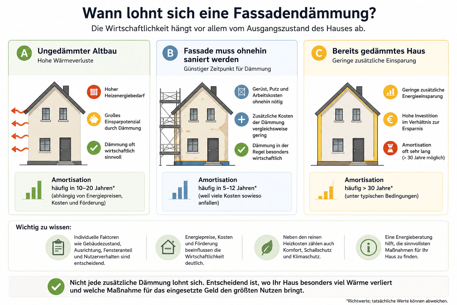 Ob sich eine Fassadendämmung rechnet, hängt stark vom Ausgangszustand ab. Besonders günstig ist sie oft, wenn die Fassade ohnehin saniert werden muss. Bei bereits gedämmten Häusern kann die zusätzliche Einsparung dagegen so gering sein, dass sich die Investition erst sehr spät amortisiert.