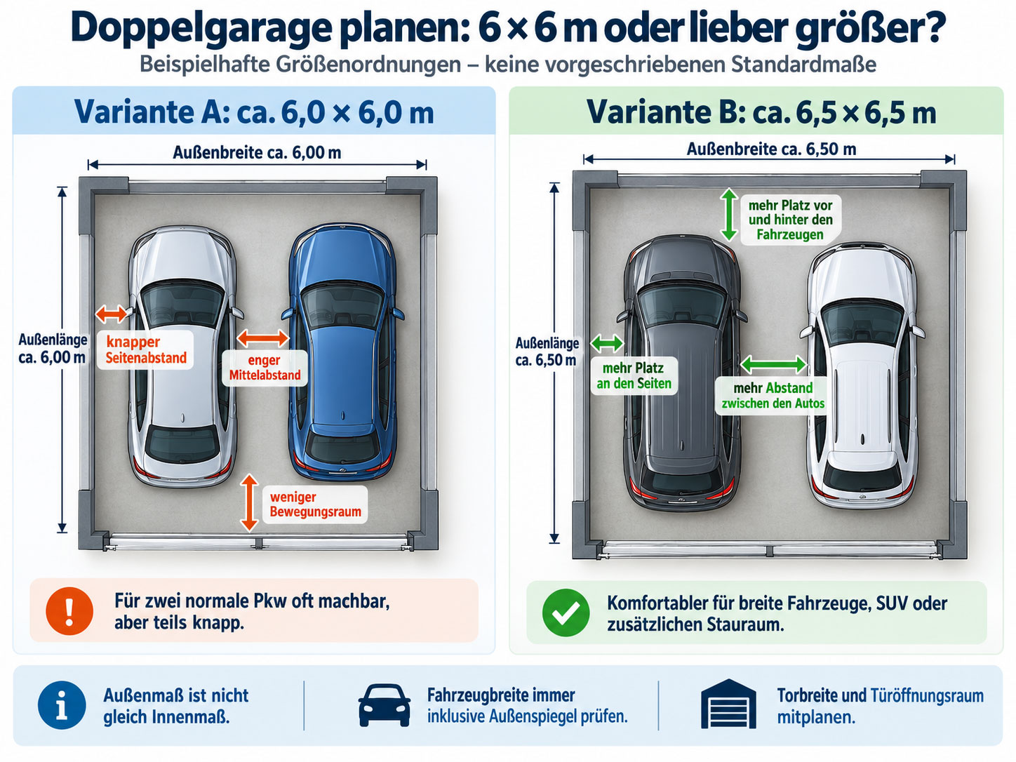 Vergleich zweier Doppelgaragen in Draufsicht: etwa 6 × 6 m mit knapperen Abständen und etwa 6,5 × 6,5 m mit mehr Platz zwischen den Fahrzeugen und zu den Wänden.
