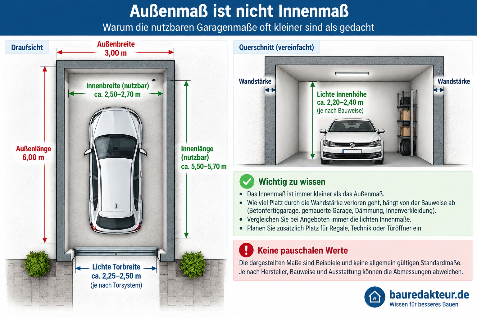 Infografik zum Unterschied zwischen Außenmaß und Innenmaß einer Garage mit Draufsicht und Querschnitt sowie Angaben zu Außenbreite, Innenbreite, Innenlänge, Torbreite und lichter Innenhöhe.