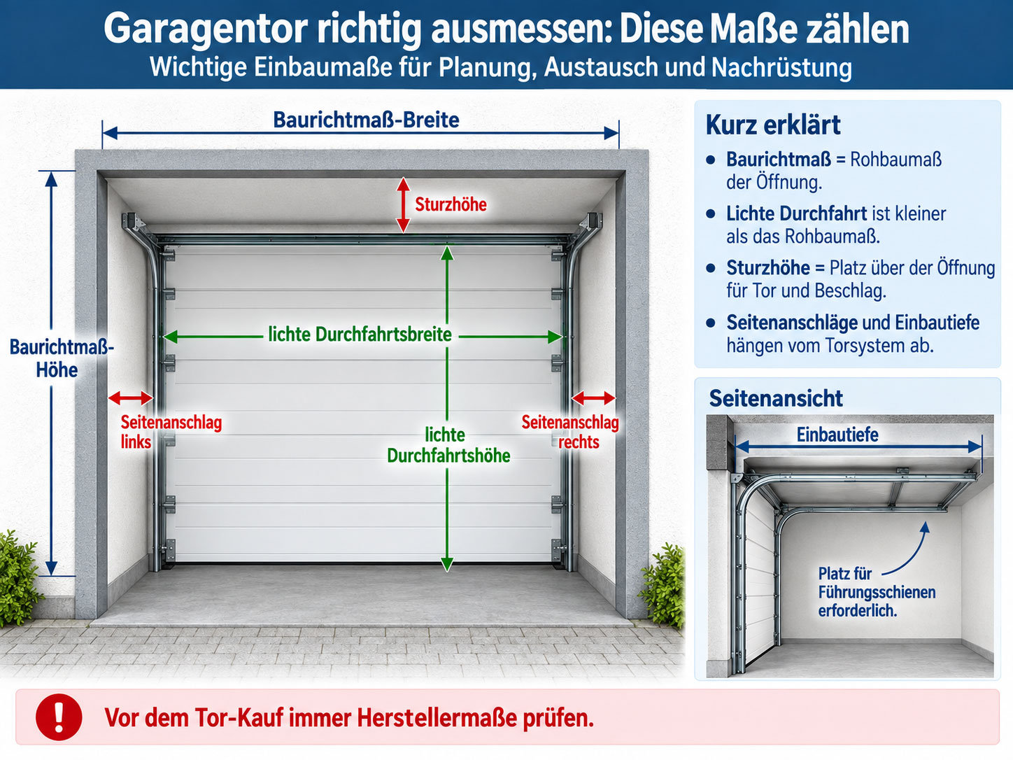 Infografik zum Ausmessen eines Garagentors mit Baurichtmaß-Breite und -Höhe, lichter Durchfahrtsbreite und -höhe, Sturzhöhe, Seitenanschlägen und Einbautiefe.