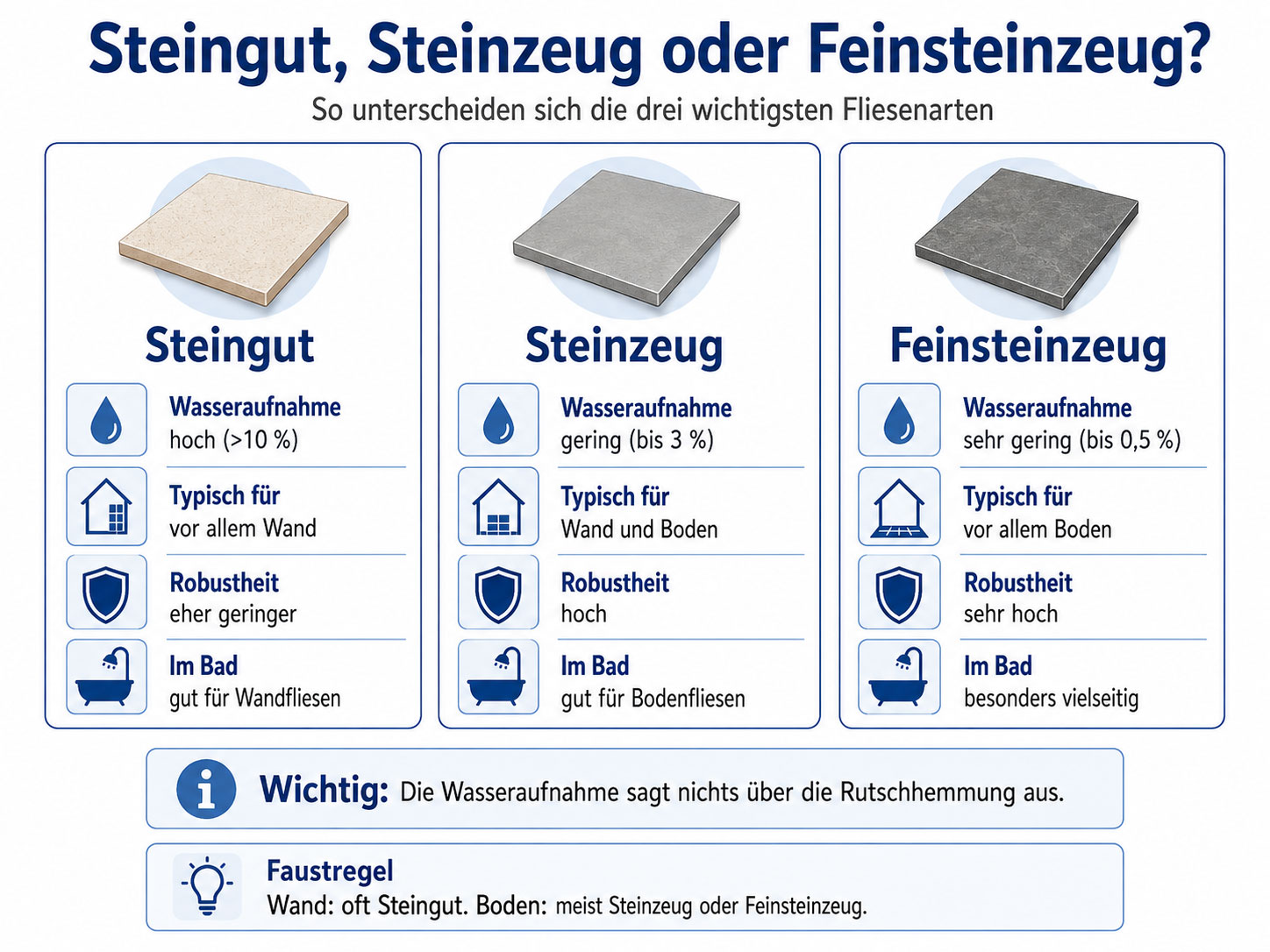 Steingut, Steinzeug und Feinsteinzeug unterscheiden sich vor allem bei Wasseraufnahme, Festigkeit und Einsatzbereich. F&uuml;r W&auml;nde kommt h&auml;ufig Steingut zum Einsatz, f&uuml;r B&ouml;den eher Steinzeug oder Feinsteinzeug. Die Wasseraufnahme sagt jedoch nichts &uuml;ber die Rutschhemmung aus.