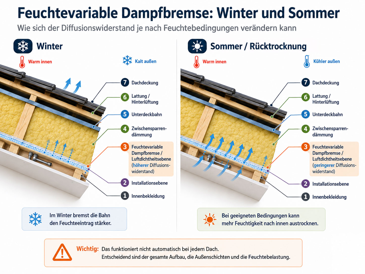 Feuchtevariable Dampfbremsen können ihren Diffusionswiderstand an die Feuchtebedingungen anpassen: Im Winter bremsen sie den Feuchteeintrag stärker, im Sommer können sie unter geeigneten Bedingungen die Rücktrocknung zur Raumseite erleichtern. Entscheidend bleibt jedoch der gesamte Dachaufbau.