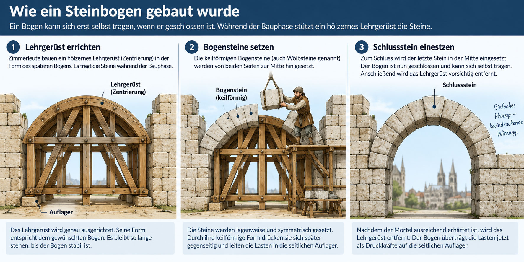 Dreiteilige Infografik zum Bau eines Steinbogens: hölzernes Lehrgerüst, Setzen der keilförmigen Bogensteine und fertiger Bogen nach Entfernen des Gerüsts mit markiertem Schlussstein.