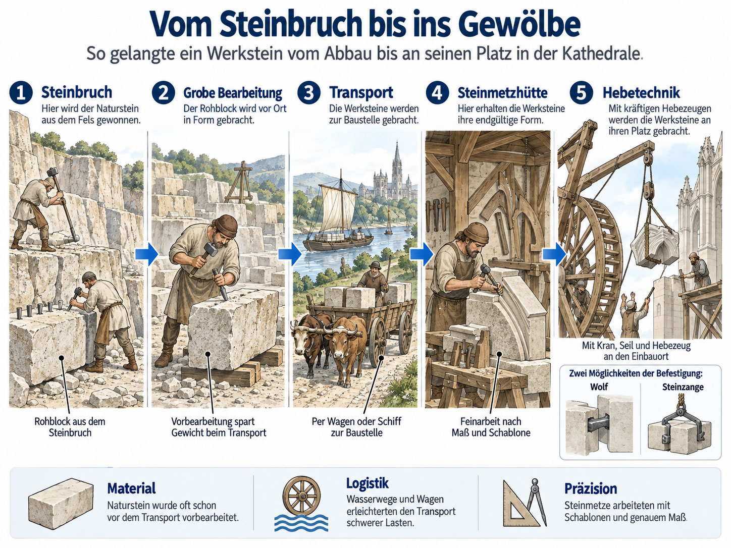 Infografik zum Weg eines Werksteins im Mittelalter: Steinbruch, Bearbeitung, Transport, Steinmetzhütte und Einbau mit Kran. Zusätzlich sind Wolf und Steinzange als Hebewerkzeuge dargestellt.