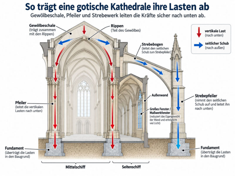 Querschnitt durch eine gotische Kathedrale mit Gewölbe, Pfeilern, Strebebögen und Strebepfeilern. Pfeile zeigen die vertikale Lastabtragung und den seitlichen Schub bis in die Fundamente.