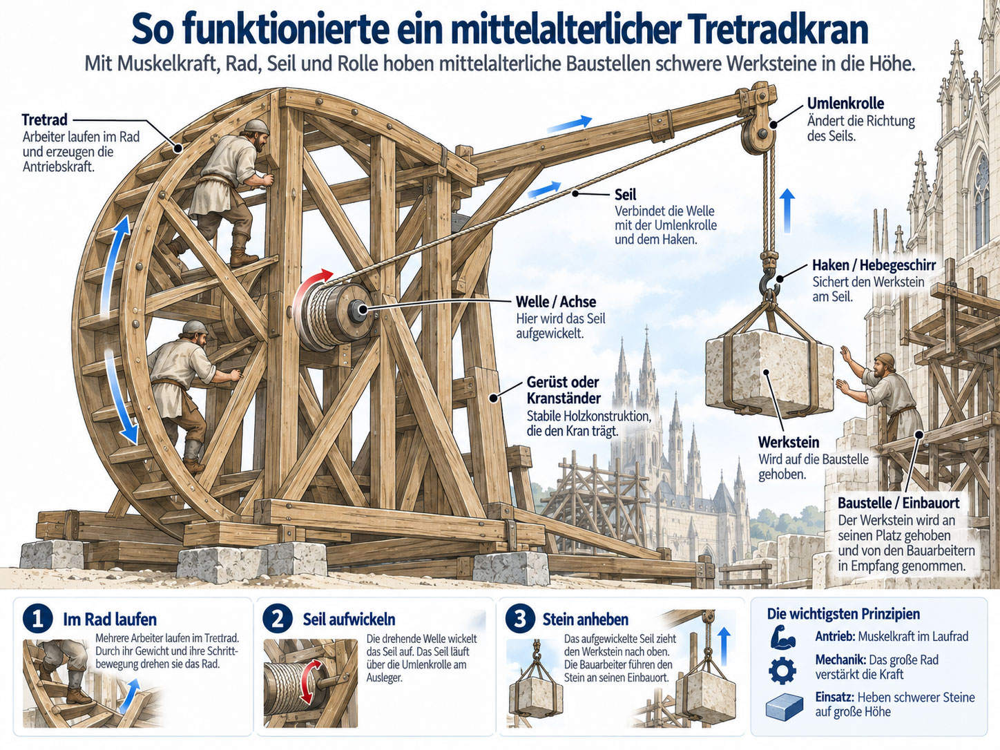 Darstellung eines mittelalterlichen Tretradkrans mit Arbeitern im Laufrad, Seilwelle, Umlenkrolle und angehängtem Werkstein. Beschriftungen erklären die Funktionsweise des Hebezeugs.