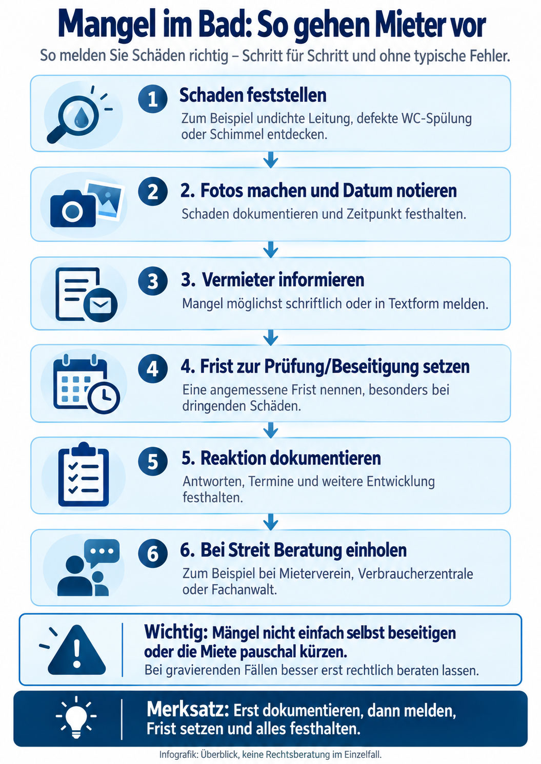 Schritt-f&uuml;r-Schritt-Grafik zum Vorgehen bei M&auml;ngeln im Badezimmer: Schaden feststellen, Fotos machen, Vermieter informieren, Frist setzen, Reaktion dokumentieren und Beratung einholen.