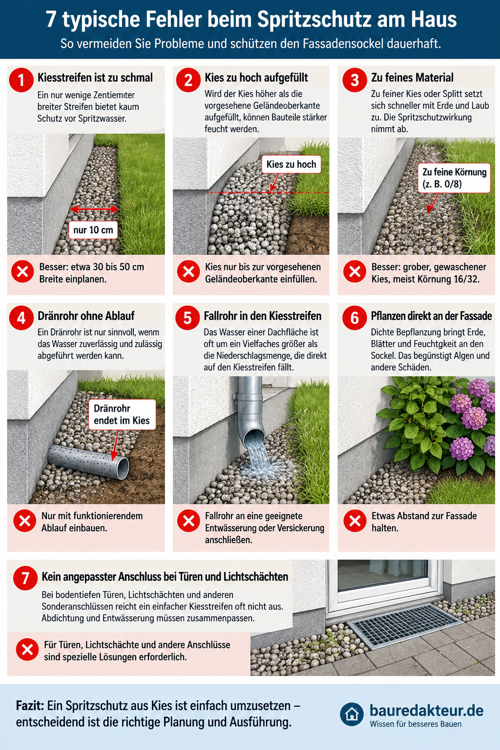 Hochkant-Infografik mit sieben typischen Fehlern beim Spritzschutz am Haus, darunter zu schmaler Kiesstreifen, zu hoch aufgefüllter Kies, feines Material, Dränrohr ohne Ablauf, Fallrohr im Kiesstreifen, Pflanzen an der Fassade und ungeeignete Anschlüsse.