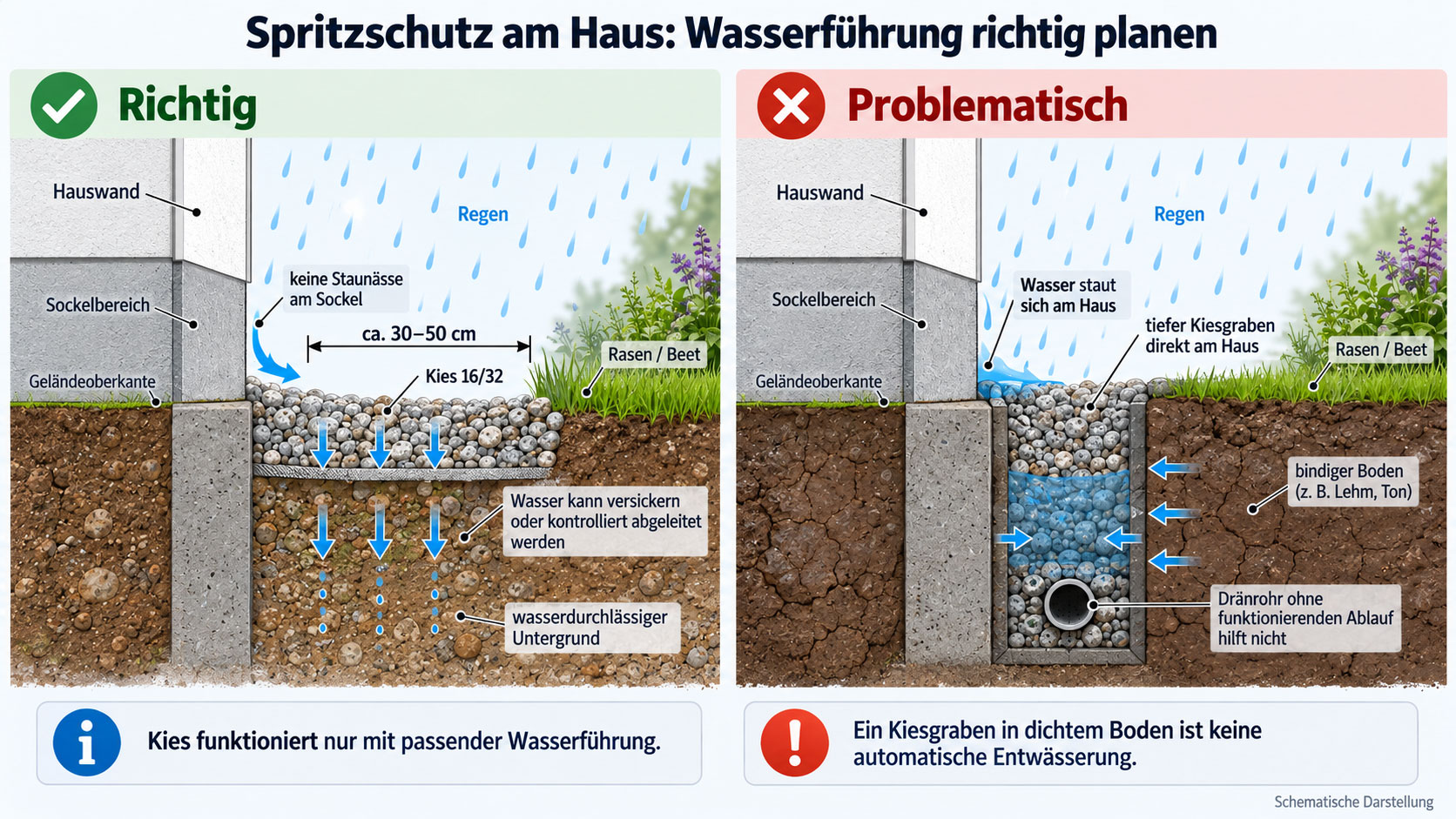 Vergleich der Wasserführung beim Spritzschutz am Haus: links durchlässiger Untergrund mit versickerndem Wasser, rechts problematischer Kiesgraben in Lehm- oder Tonboden mit Staunässe und Dränrohr ohne Ablauf.