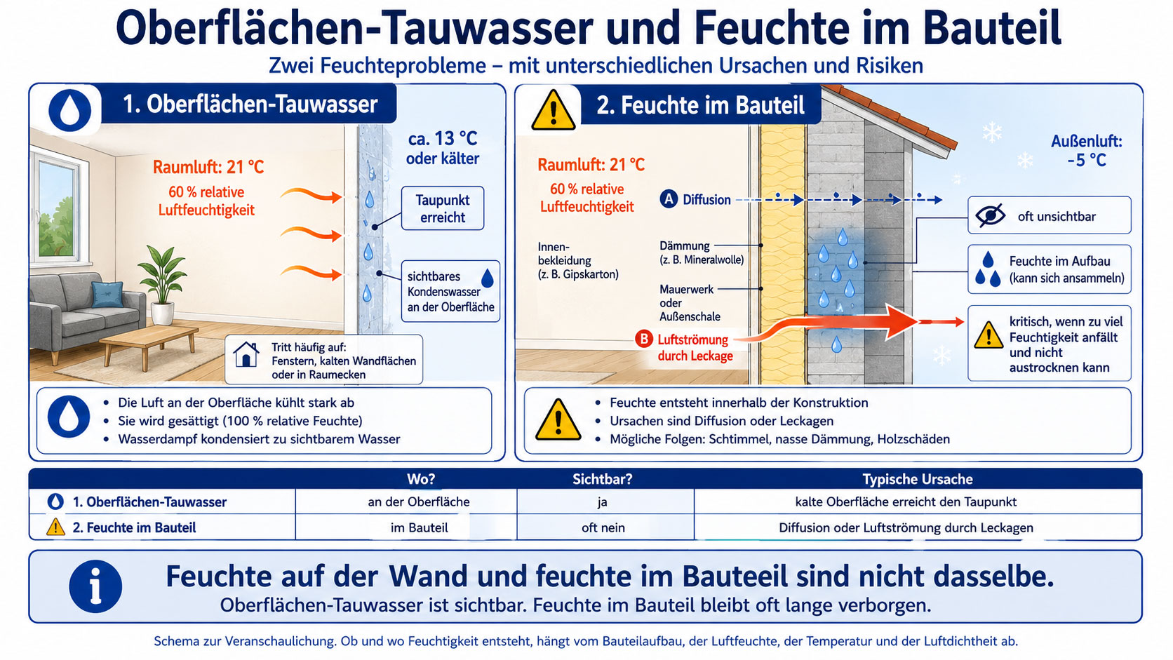 Oberflächen-Tauwasser entsteht sichtbar an kalten Wandflächen, wenn dort der Taupunkt erreicht wird. Feuchtigkeit innerhalb eines Bauteils bleibt dagegen oft lange unbemerkt und kann durch Diffusion oder Luftströmungen durch Leckagen in die Konstruktion gelangen.