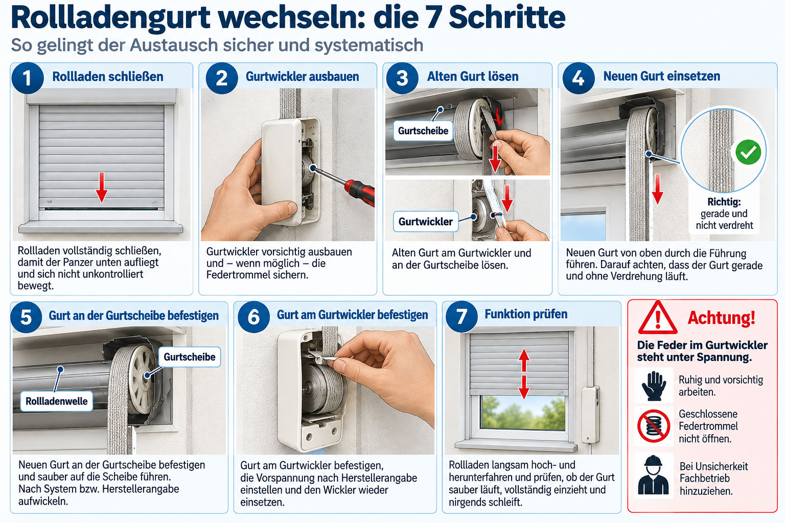 Infografik zum Wechseln eines Rollladengurts in sieben Schritten. Gezeigt werden: Rollladen schließen, Gurtwickler ausbauen, alten Gurt an Gurtwickler und Gurtscheibe lösen, neuen Gurt gerade und ohne Verdrehung einsetzen, an der Gurtscheibe befestigen, am Gurtwickler befestigen und anschließend die Funktion prüfen. Rechts steht ein Warnhinweis, dass die Feder im Gurtwickler unter Spannung steht und geschlossene Federtrommeln nicht geöffnet werden dürfen.