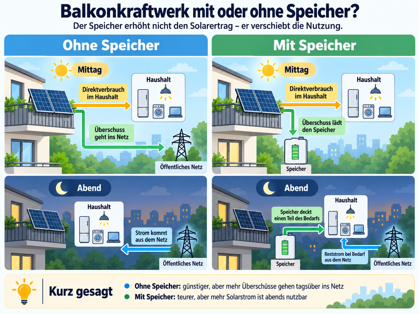 Infografik zum Vergleich eines Balkonkraftwerks mit und ohne Speicher: tags&uuml;ber Direktverbrauch und Einspeisung beziehungsweise Akkuladung, abends Netzstrom oder Versorgung aus dem Speicher.