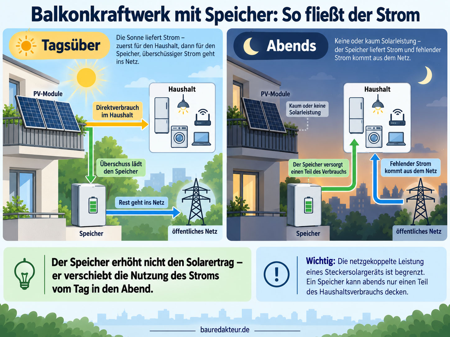 Infografik zum Stromfluss eines Balkonkraftwerks mit Speicher: tags&uuml;ber Direktverbrauch und Laden des Akkus, abends Versorgung aus dem Speicher mit zus&auml;tzlichem Netzstrom bei Bedarf.