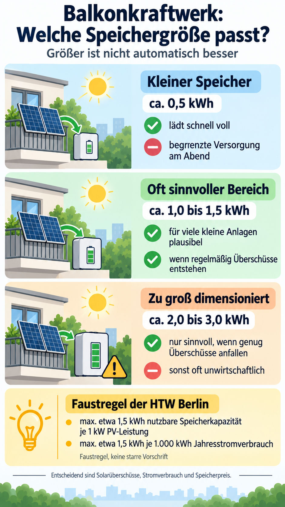 Infografik zur Speichergr&ouml;&szlig;e f&uuml;r Balkonkraftwerke mit Beispielen von 0,5 bis 3,0 kWh sowie HTW-Faustregel zur maximal sinnvollen Speicherkapazit&auml;t.