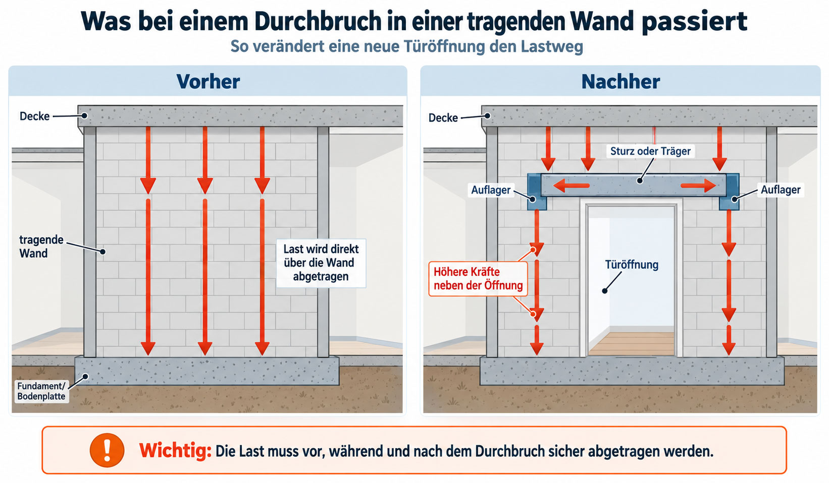 Grafik zum Lastweg bei einem Mauerdurchbruch in einer tragenden Wand: Vorher werden die Lasten direkt nach unten abgetragen, nachher über Sturz oder Träger und seitliche Auflager.